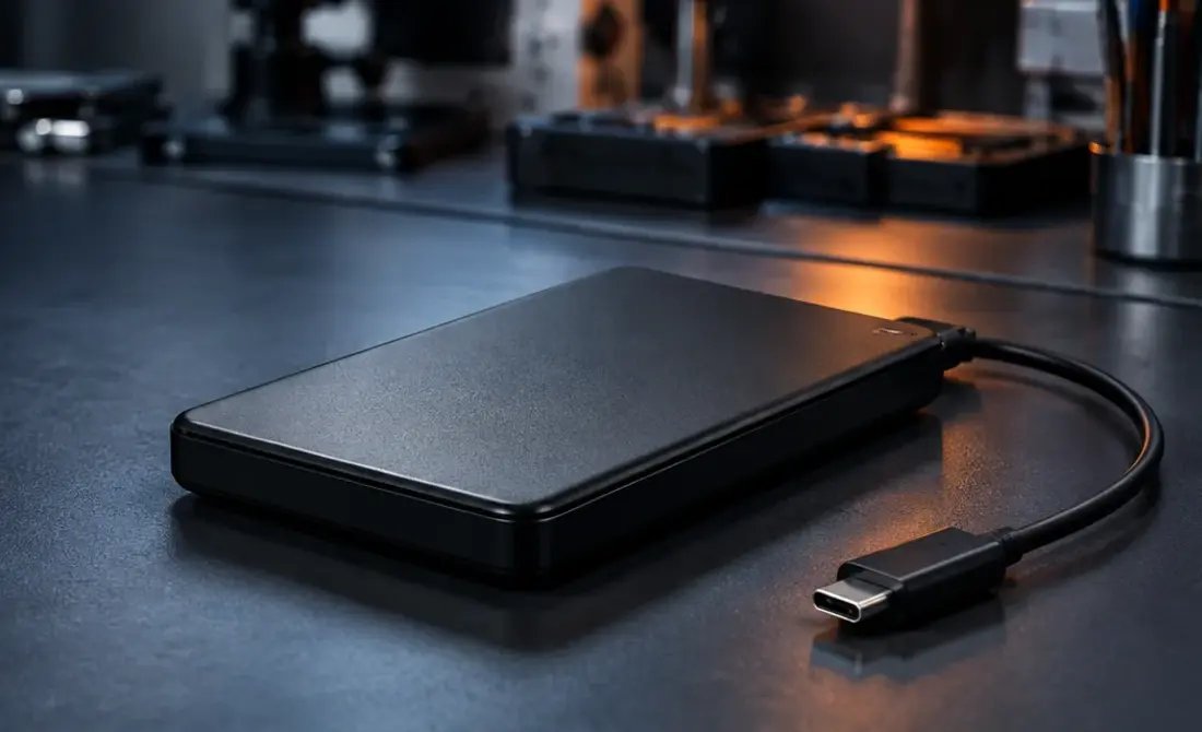 Přenosný externí disk s USB konektorem na pracovním stole